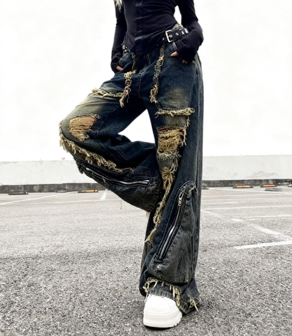 Y2K Baggy Distressed Wide Leg Jeans, Vintage Ripped Oversized Denim Pants with Raw Edges & Zipper Streetwear Details - Image 6