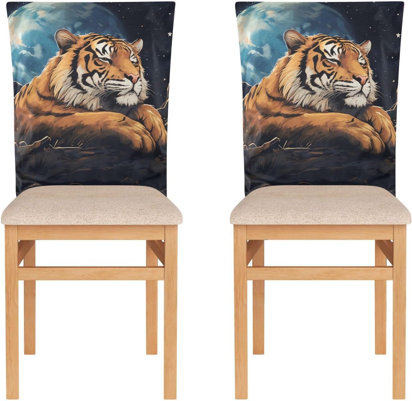 ALAZA Cute Sleeping Tiger in The Starry Night Chair Back Cover Set of 6, Washable Reusable Removable Chair Slipcovers Decorative Chair Cover for Home Kitchen Wedding Party