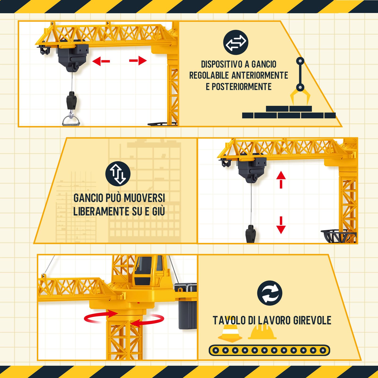 JONRRYIN Gru a Torre Telecomandata Alto 138 cm, 6 Canali 2,4 Hz RC Gru a Torre, Giocattolo da Costruzione Radiocomandata a 680° Rotazione con Luci per Bambini (Giallo)