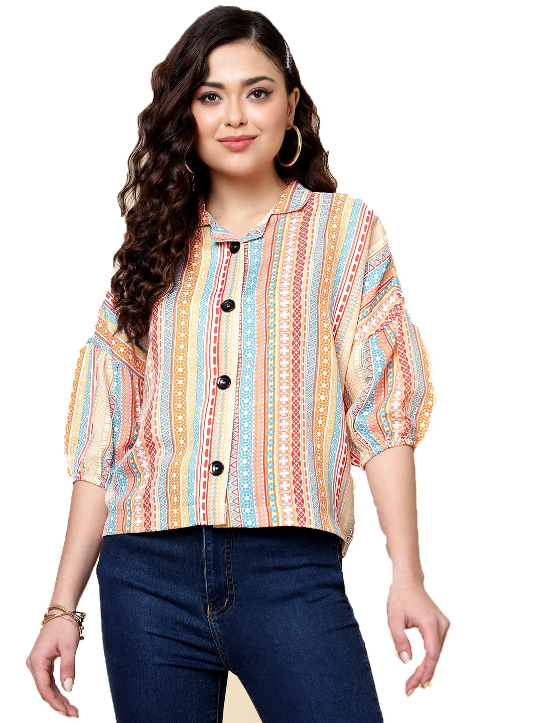 J TURRITOPSIS Women's Printed Half Sleeve Oversized Shirt Top (Multicolor)