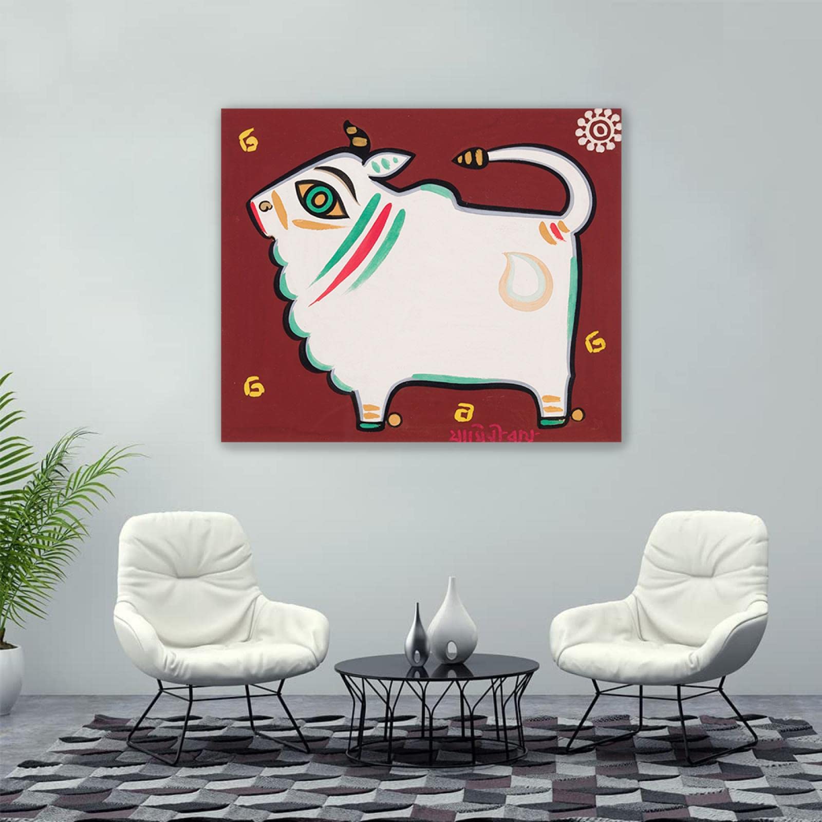 Famosos Carteles e Impresiones de Jamini Roy-Reproducciones de Pinturas en Lienzo-'Toro Sagrado'Arte de la pared Cuadros póster impresión decoración 40x48cm(16x19in)Enmarcado