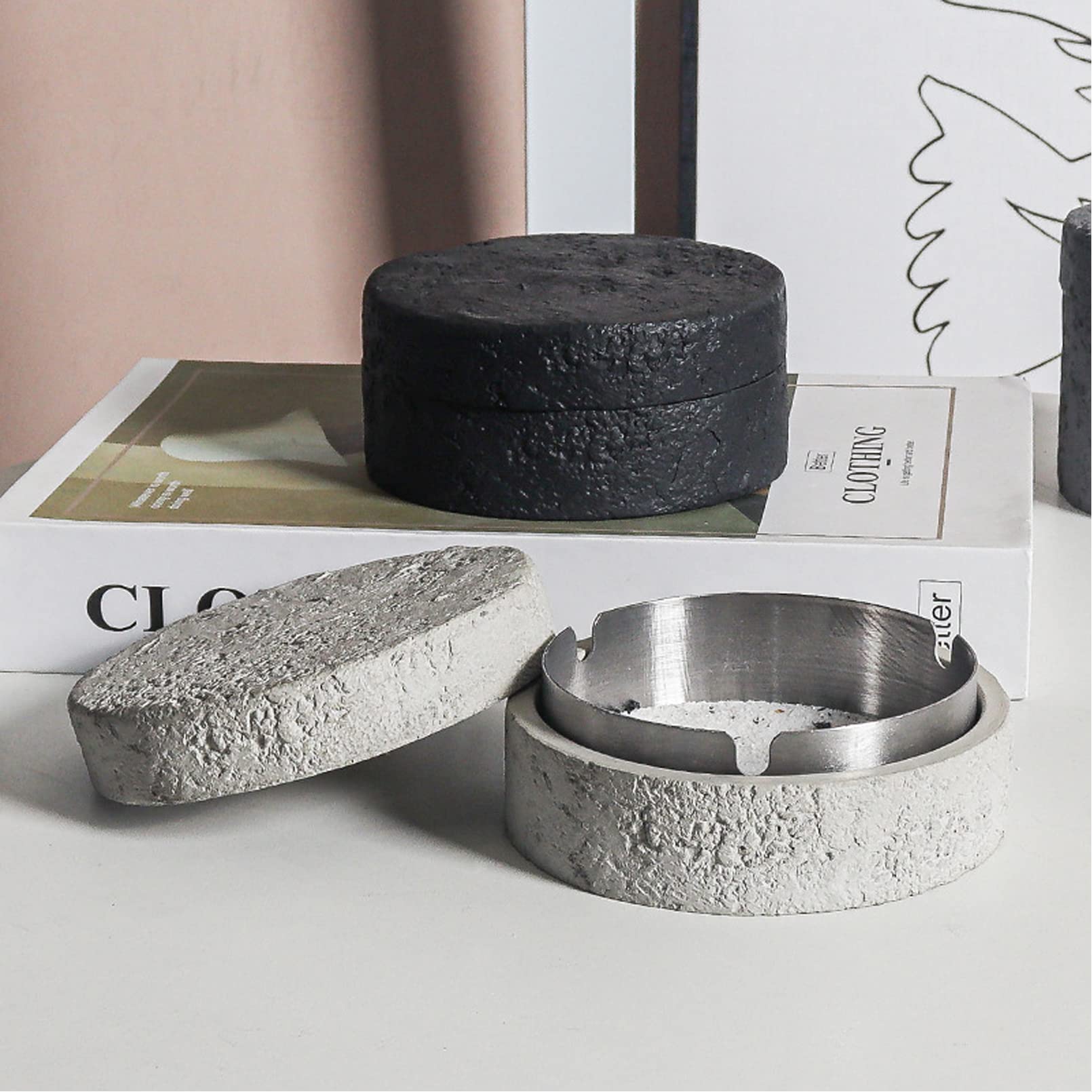 Cutfouwe Multifunktionaler Mülleimer Mit Deckel-Innenzylinder Aus Beton Und Metall - Φ11.5Cm X Höhe 5.5Cm,Schwarz