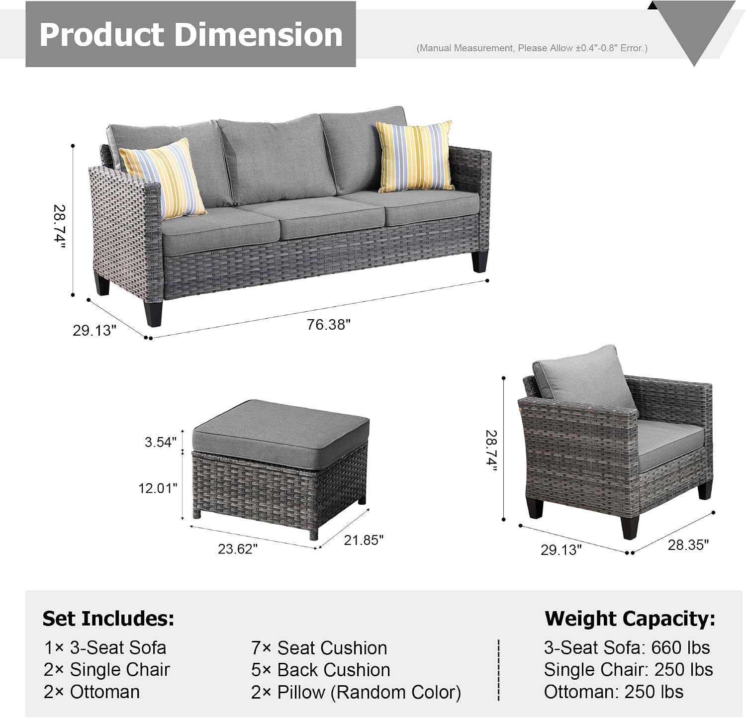 HOOOWOOO Patio Conversation Sets,5 Piece Wicker Outdoor Furniture Set with Ottoman,All Weather Resistant Modern Outside Out Door Rattan Couch Chairs Set,Charcoal Gray
