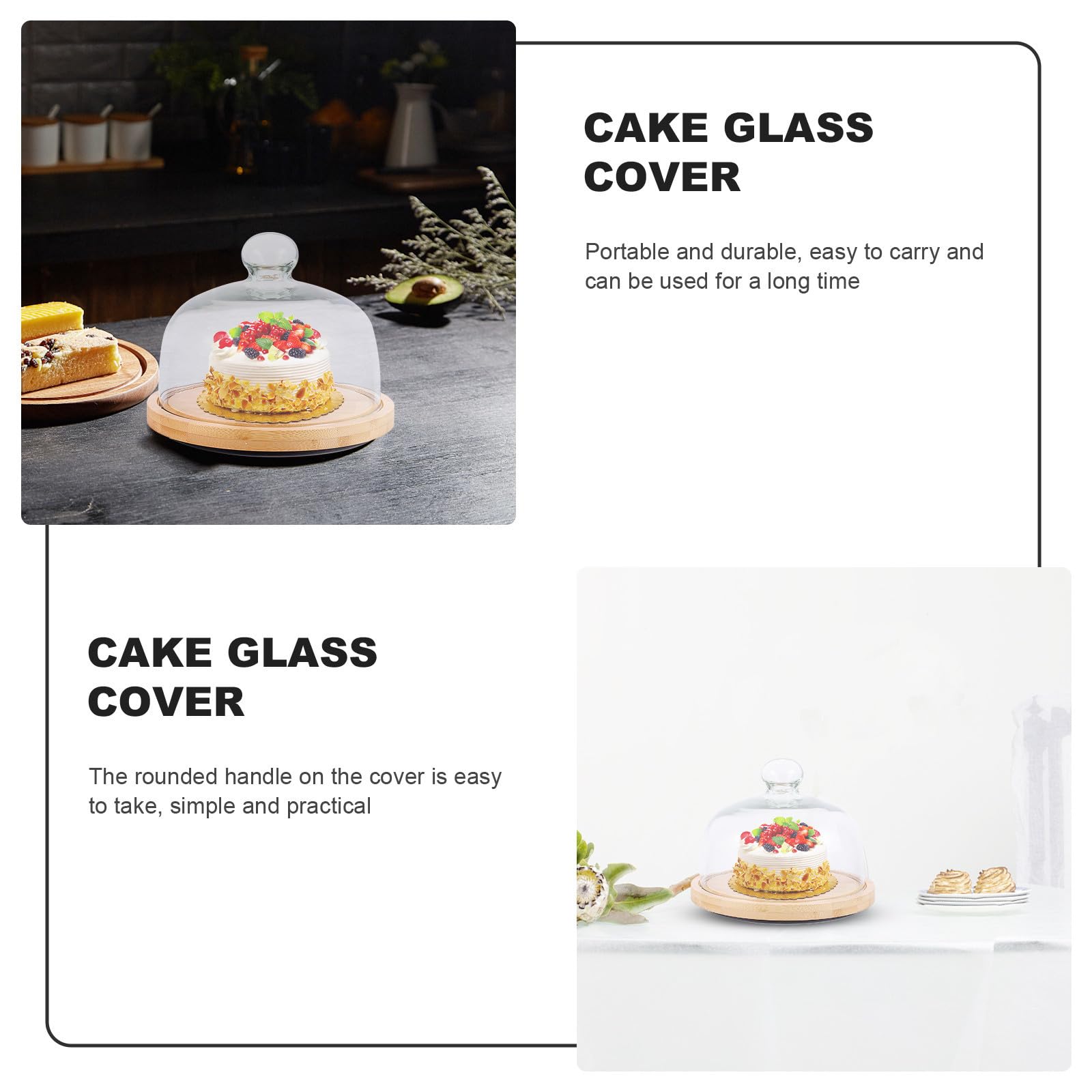 Cúpula Giratoria para Pastel con Bandeja de Madera y Vidrio Khaki, Expositor Práctico para Postres y Aperitivos con Asa Redondeada y Tapa Transparente