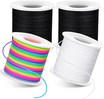 1mm Elastic String for Bracelets, 200m Total, 4 Rolls Bracelet Elastic String 2 Black, 1 White, 1 Rainbow, Elastic Cord for Bracelet Making, Jewellery Making & Beading