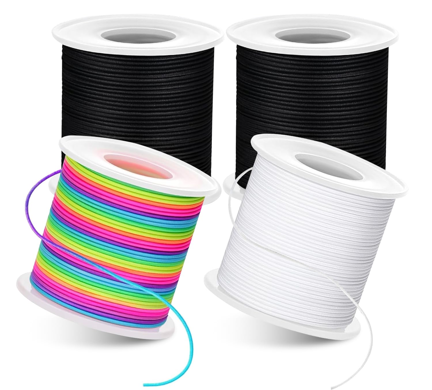 1mm Elastic String for Bracelets, 200m Total, 4 Rolls Bracelet Elastic String (2 Black, 1 White, 1 Rainbow), Elastic Cord for Bracelet Making, Jewellery Making & Beading