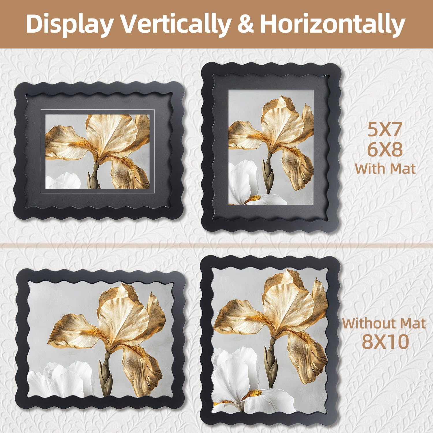 SNAPSHOT 8x10 Picture Frame with Mat for 5x7/6x8, Wooden Photo Frames with Real Glass for Wall Mount and Tabletop, Wavy Edge Black, 1 Pack