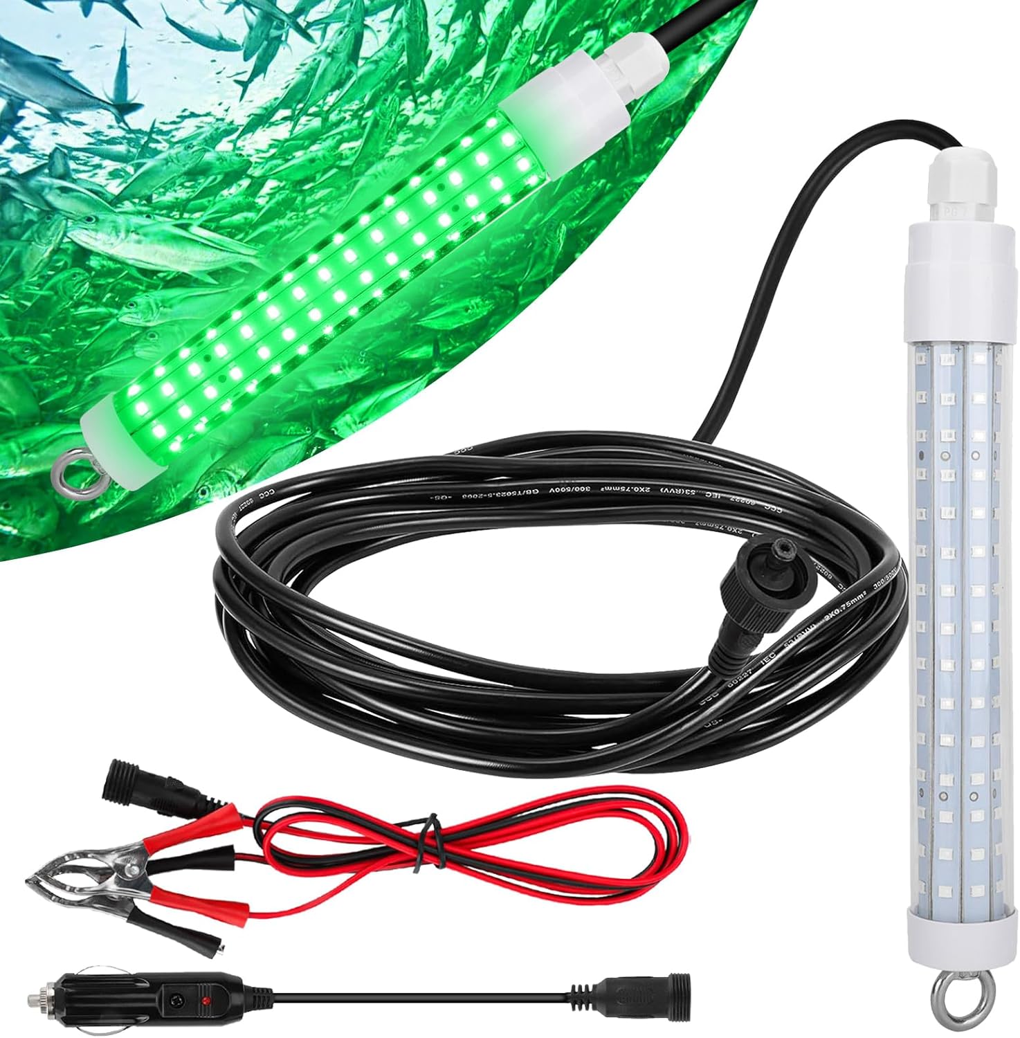 2PCS 120 2835 SMD LED Underwater Fishing Light，8" 10.5W DC 12V 1000ML Green Night Fishing Finder Attractor, IP68 Submersible Boat Lamp for Lure Bait Snook Crappie, 22.3ft Cord Wire