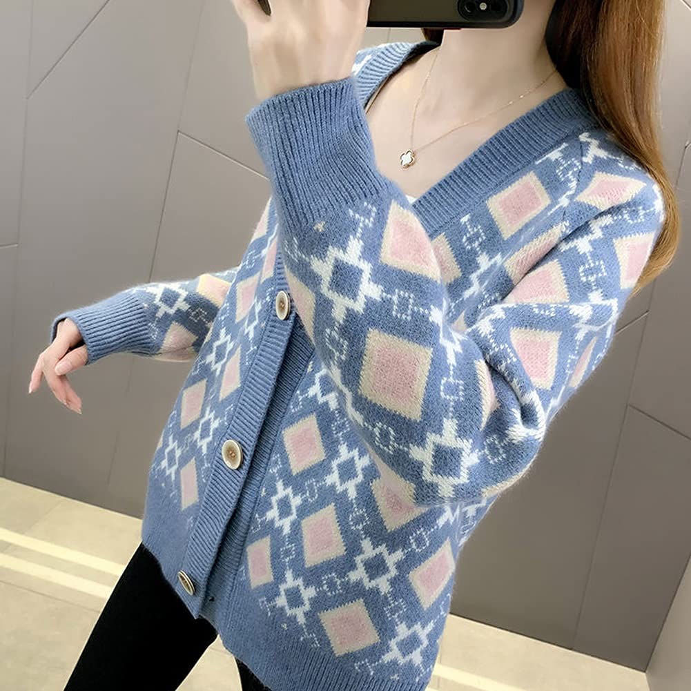 Cárdigan de otoño Nueva Chaqueta de Punto de suéter Corto para Mujer Suéter de Abeto de Damas de Primavera Dulce (Color : Blanco cremoso, Tamaño : L) (Azul S)