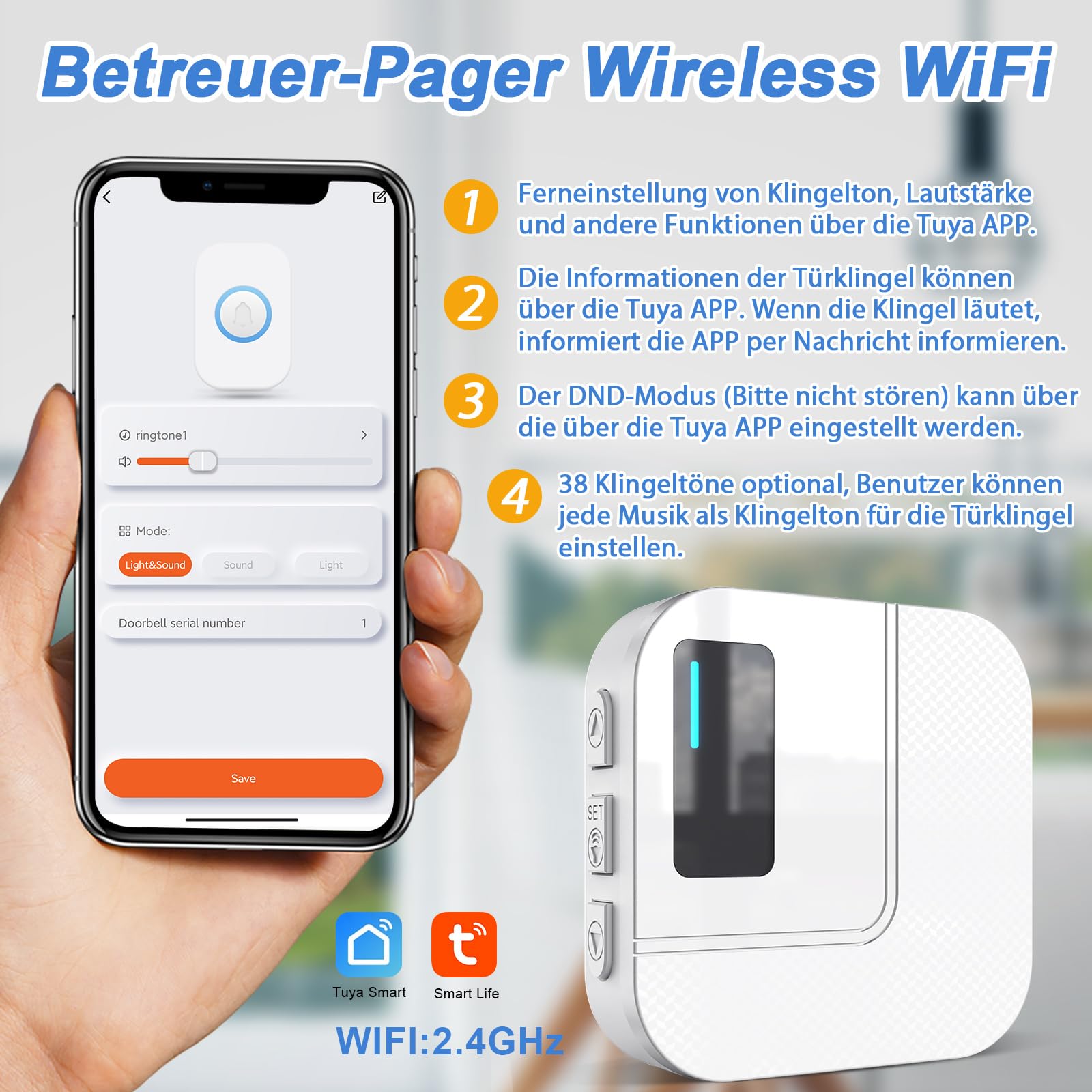 Daytech inteligentny alarm dla seniorów WiFi Tuya, przycisk ratujący życie, dla osób, które potrzebują pomocy w domu (2 odbiorniki + 2 przyciski + 1 bransoletka)