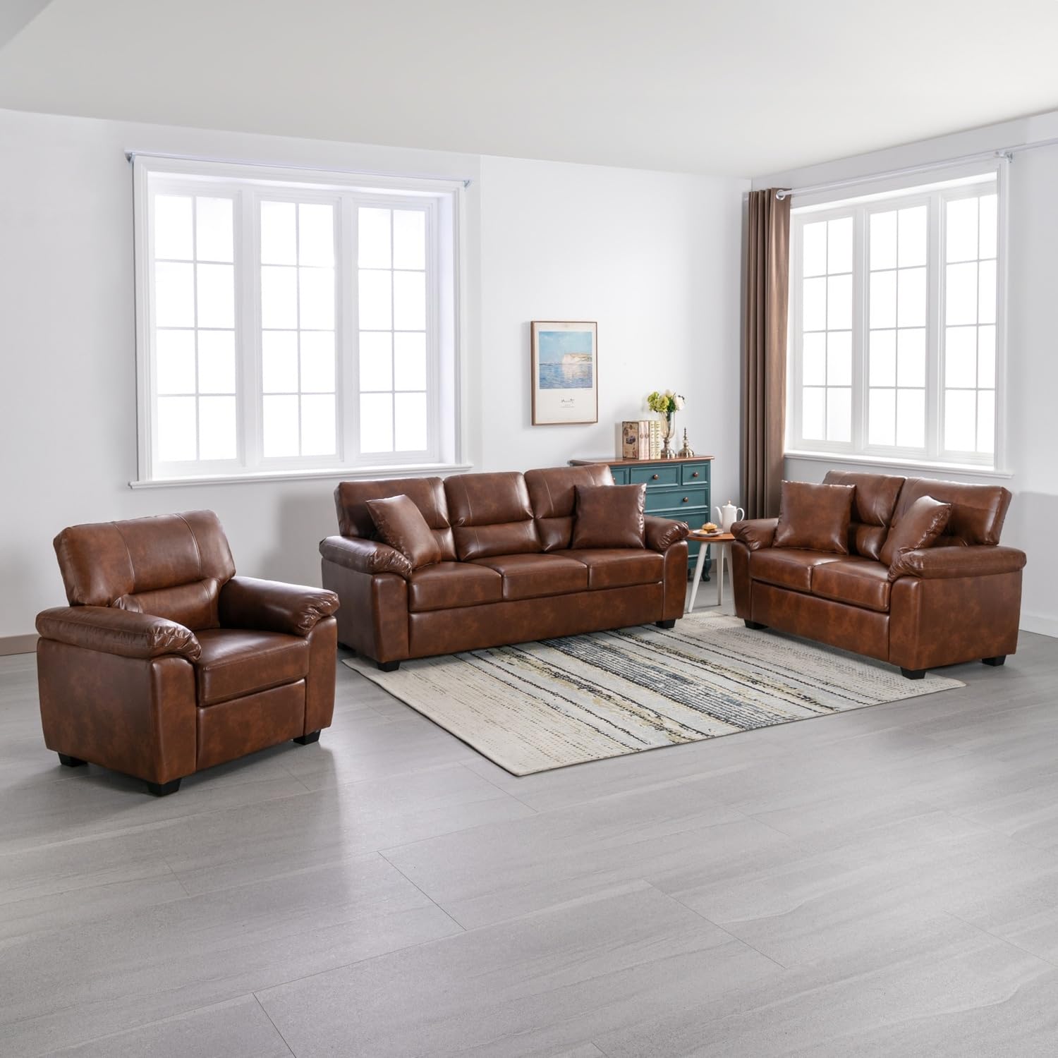 Caradel Anderson 3+2+1 Seater Fabric Sofa Set For Living Room | 6 Seater Sofa | Leatherette Sofa |Modern Sofa Set 6 Seater | Leather Sofa 6 Seater,Tan