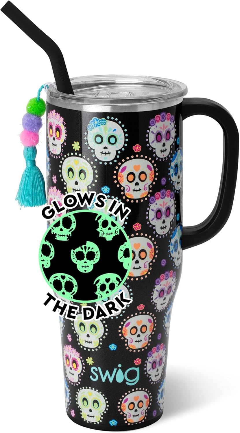 Swig Life 40oz Mega Mug, 40 oz Tumbler with Handle and Straw, Cup Holder Friendly, Dishwasher Safe, Extra Large Insulated Tumbler, Stainless Steel (Sugar Skulls) - Image 3