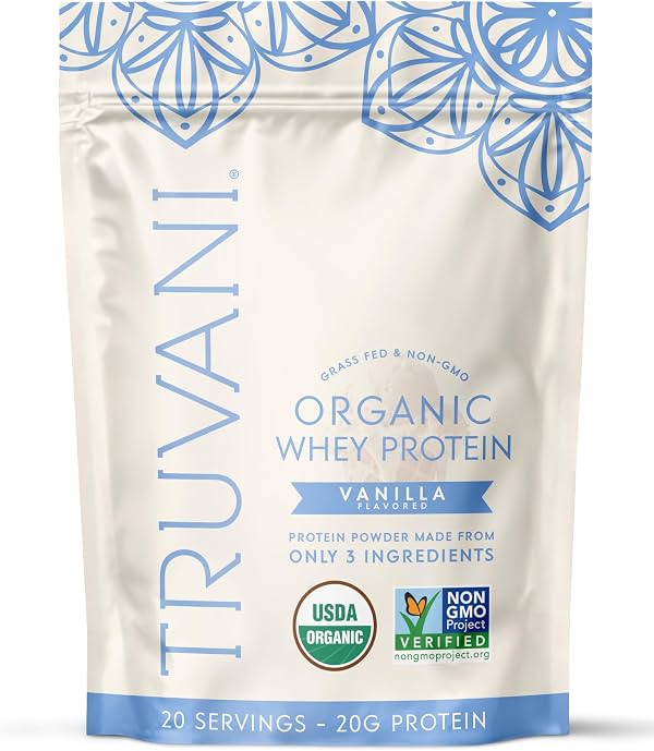 Proteína de Suero Orgánica Truvani | Vainilla | 20 Porciones | 20g de Proteína de Suero de Pastoreo | USDA Orgánico y No-GMO | Sin Gluten | Sin Gomas, Sin Soja, Sin Stevia, Sin Azúcares Añadidos 1.18 Libra (Paquete de 1)