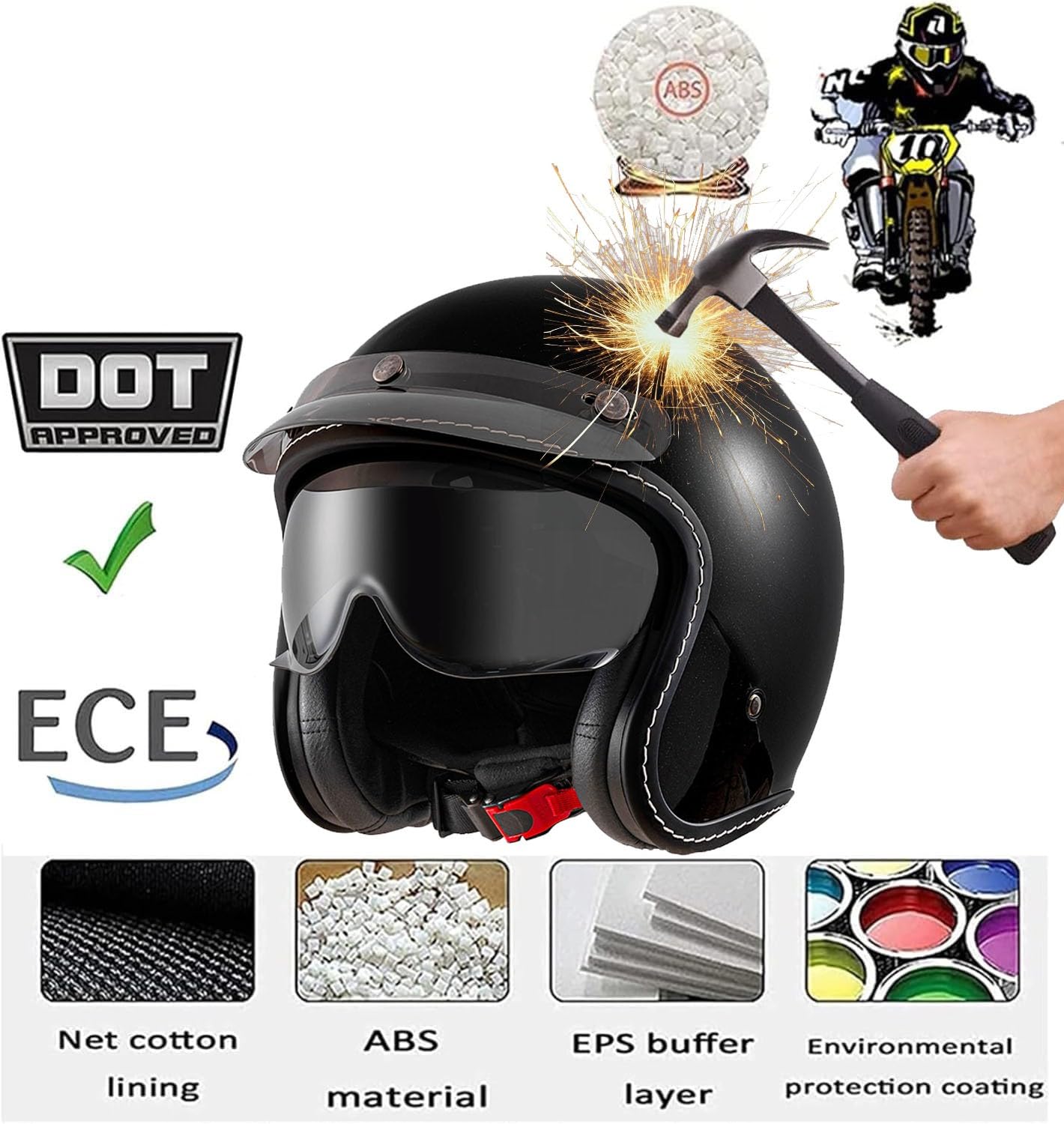 Casco De Motocicleta Abiertos ECEDOT Homologado Medio Casco Protector con Visera Cascos Jet De Estilo Vintage Cascos Half-Helmet para Hombres Y Mujeres