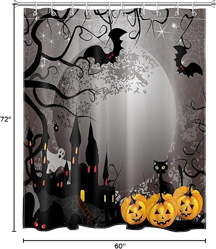 Miniatura 6 de EOBTAIN Cortina de ducha de calabaza espeluznante de Halloween, fantasma y gato murciélago con casa embrujada en noche oscura aterradora, cortina de