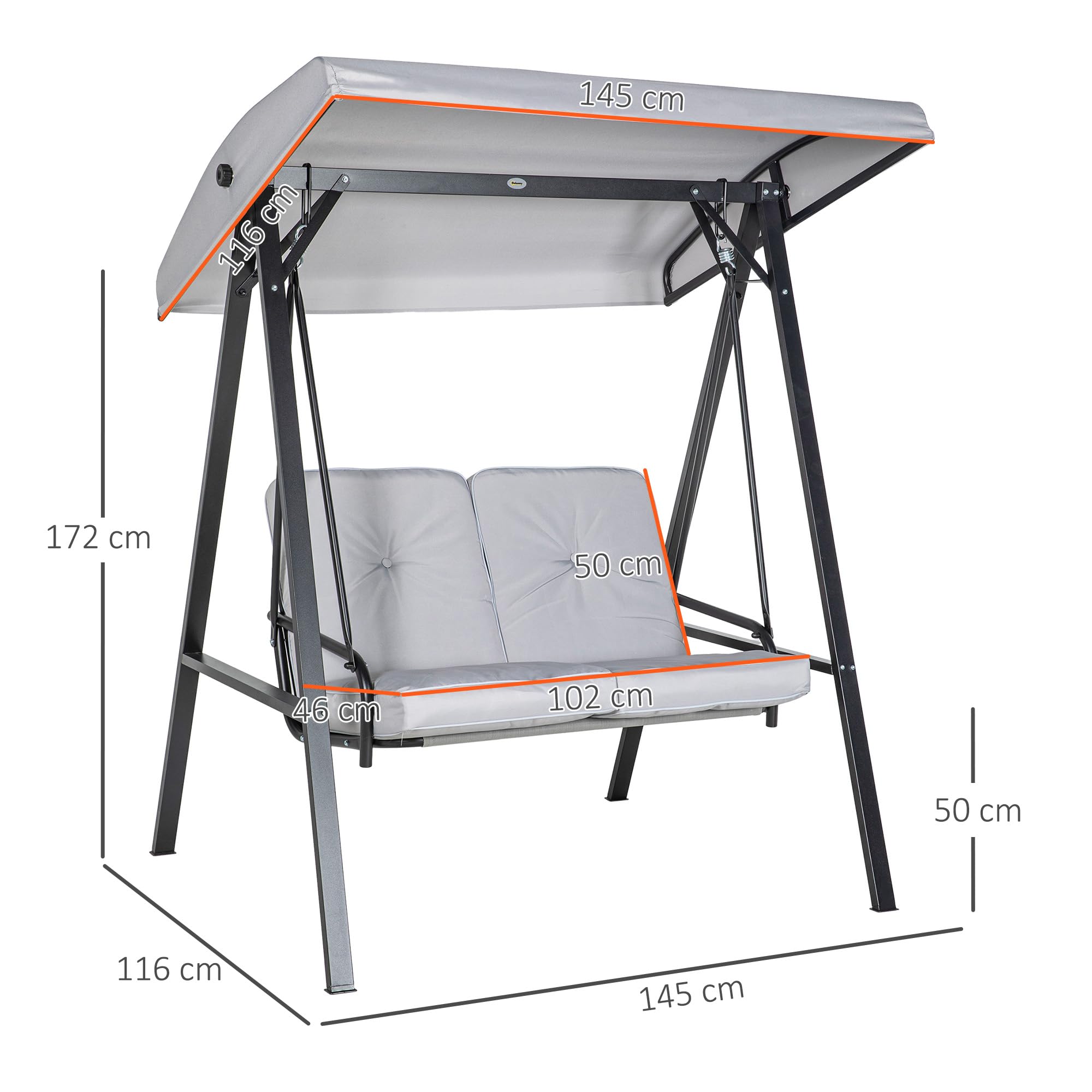 Outsunny Hollywoodschaukel 2-Sitzer Gartenschaukel mit Verstellbarem Dach, Kissen, Schaukelbank bis 220 kg Belastbar, für Garten, Balkon, Grau, 145 x 116 x 172 cm