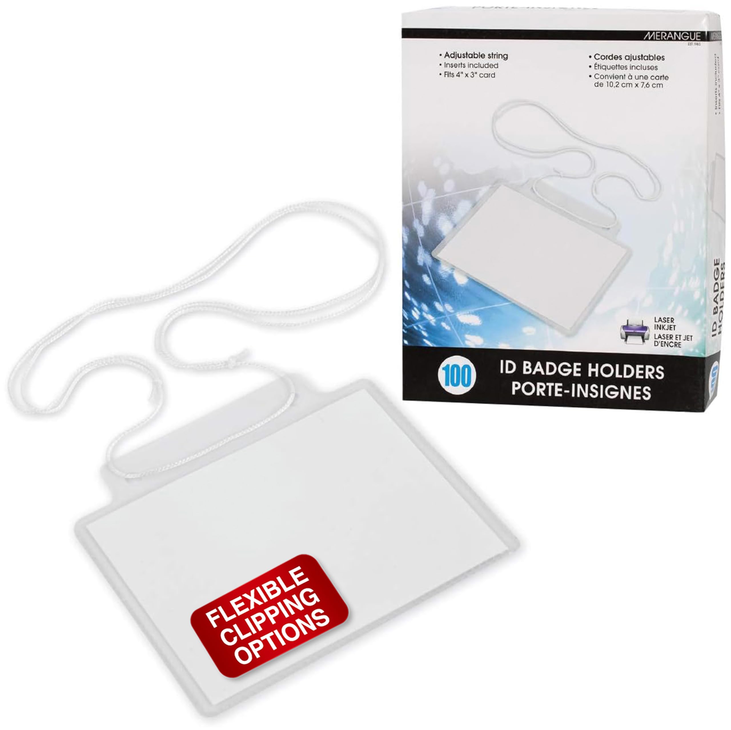Merangue ID Badge Holder, Versatile ID Card Holder with Adjustable String, PVC-Free Plastic Name Tag Holder with Paper Inserts, Fits 4” x 3” Cards, Pack of 100, Clear