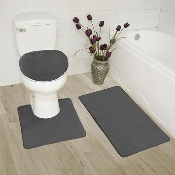Luxury Home Collection 3 Piece Bath Rug Solid Set Non-Slip Bathroom Rug Contour, Mat and Toilet Lid Cover Charcoal/Dark Gray