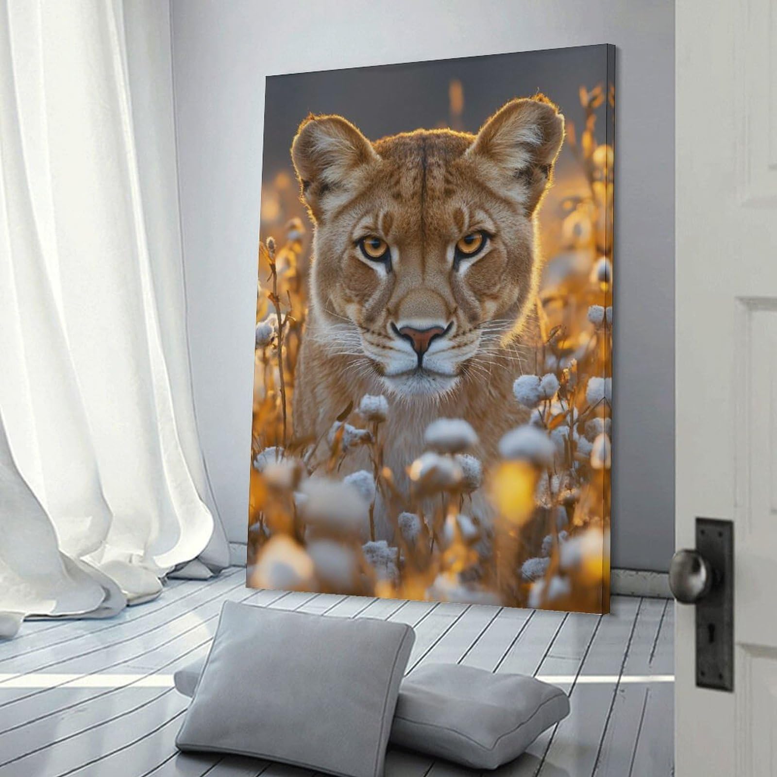 Junmoney Decorative Wall Artwork Lioness Portrait in Golden Light, 20x30inch(50x75cm), for Calm Bedrooms, Home Corners Or Flats, An Easy Wall Refresh for Bedrooms