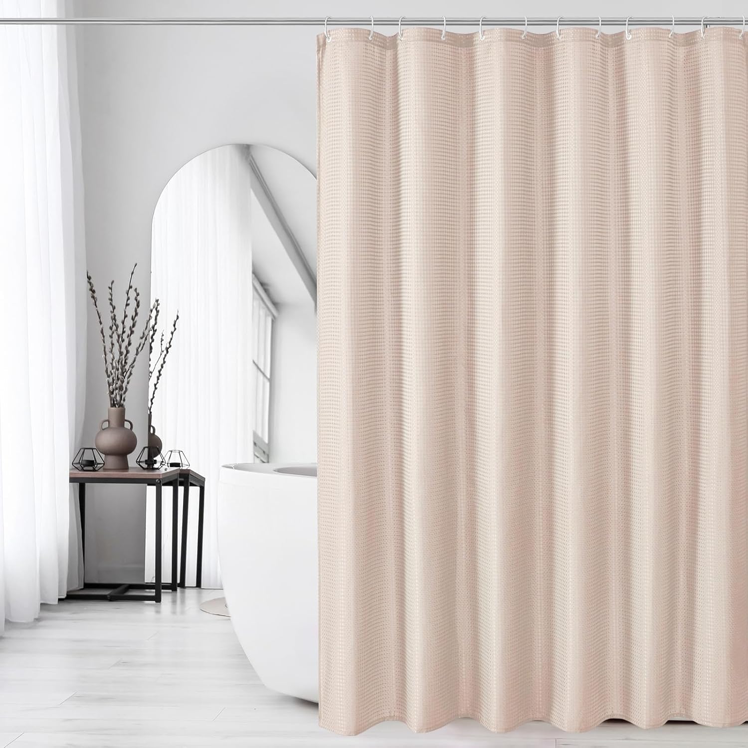 Bingobang Shower Curtains Set for Bathroom with 12 Hooks, Mould Mildew Proof Resistant, Waffle Fabric Bath Bathtub Curtain Washable for Wet Room (Blush Pink, 71 x 71 Inch)