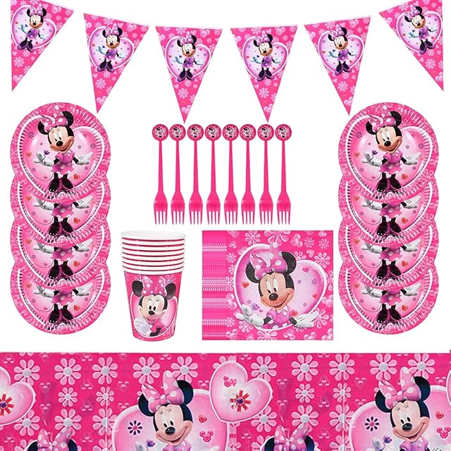 Ksopsdey Minnie Birthday Party Set 42PCS Party Set Decoration Set Minnie Party Plates Cups Forks Straws Party with Balloon Pack Balloon-Serves 8 Guests