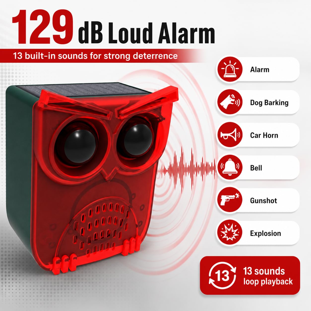 Solar Bewegungsmelder Alarm Außen,129 dB Sicherheitsalarm mit 13 Tönen, USB-Aufladung, LED Rot Warnlicht, PIR Bewegungsmelder Alarm für Einfahrt, Garten, Hof, Farm und Scheune (2Pcs)