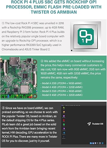 Miniatura 5 de Rock Pi 4 Plus Rockchip RK3399 (OP1) Computadora de placa única LPDDR4 de 2 GB con WiFi 5 y Bluetooth 5.0 Soporte Twister OS (2 GB de RAM+16 GB eMMC)