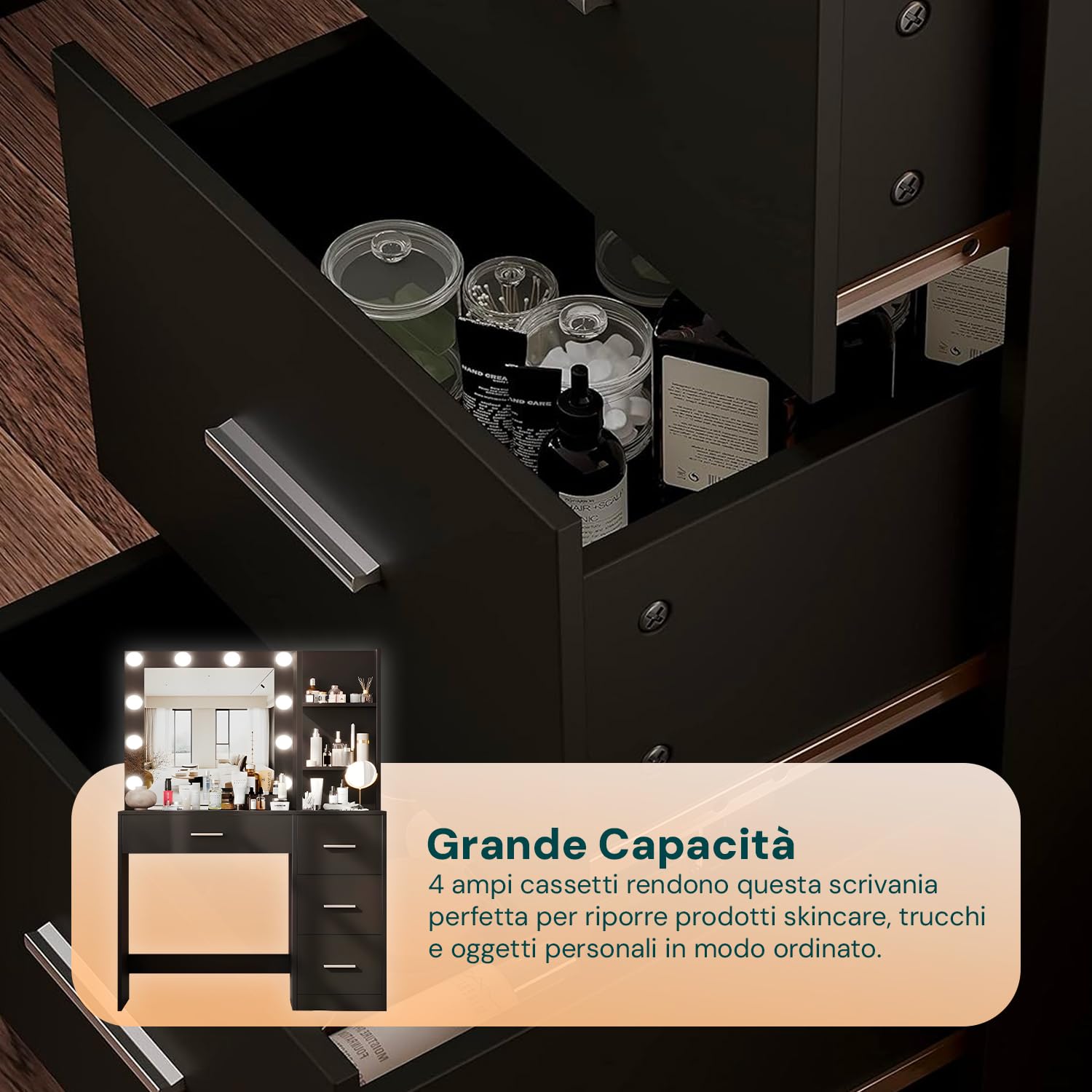 Avilia - Postazione Trucco con Specchio Trucco con Luci LED – 12 Lampadine, 3 Tonalità, 4 Cassetti, 3 Ripiani | Scrivania Trucco con Specchio, MDF, H140×L94×P40 cm, Multiuso Studio e Make-Up