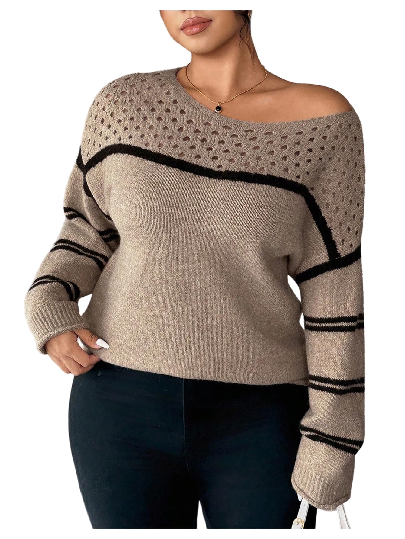 Womens Y2k Plus Size Striped Sweater Hollow Out Scoop Neck Long Sleeve Knit Pullover Jumper Tops