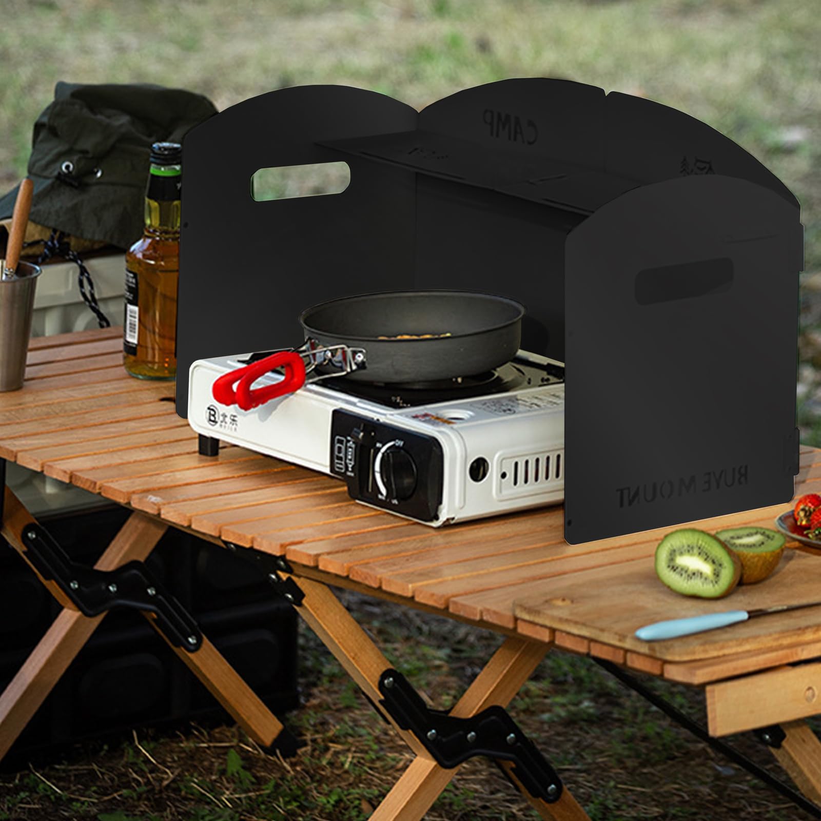 Parabrisas Plegable para Camping, Parabrisas Plegable de Acero, Camping Cocina Estufa de Gas Escudo, con Compartimento, para Camping Estufa Gas/Estufa Alcohol/Picnics Aire Libre/BBQ/Camping (Negro)