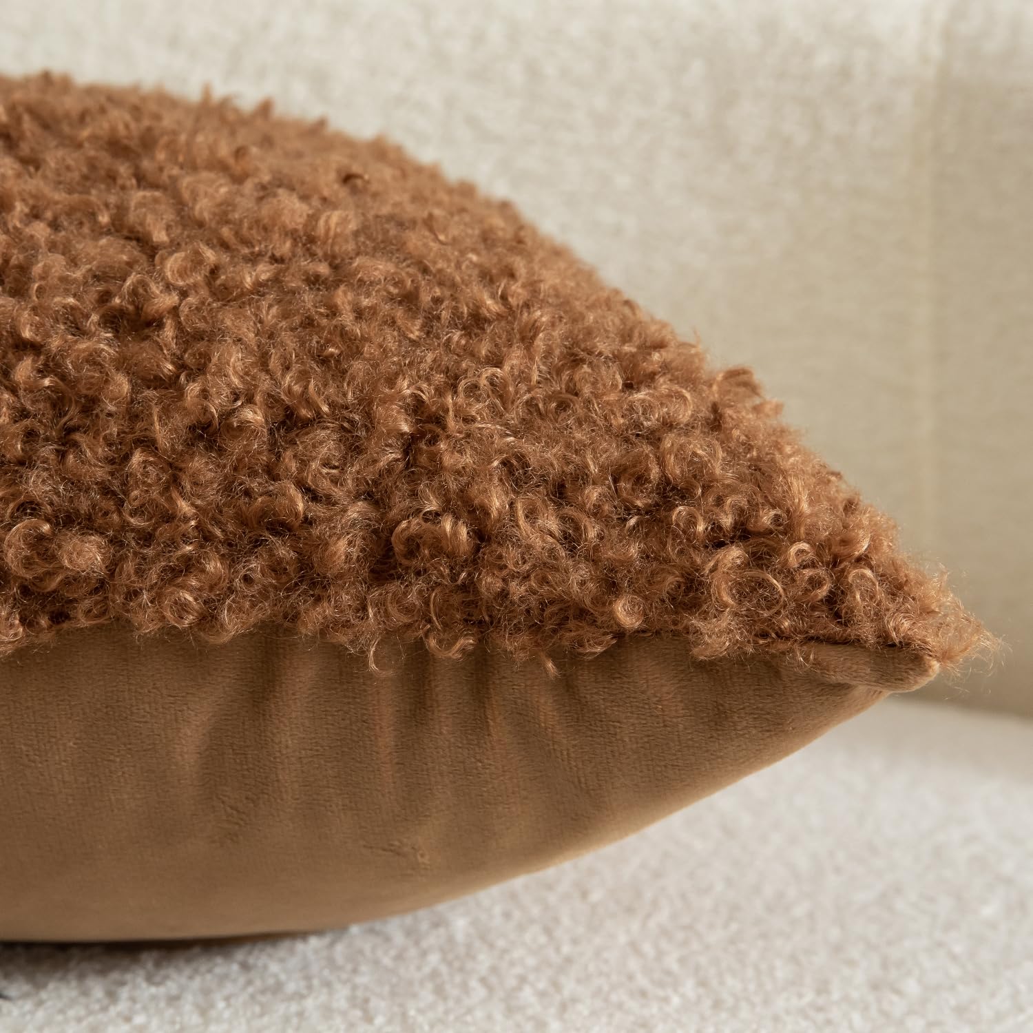 YAERTUN Pack of 2 Faux Fur Cushion Covers Decorative Sherpa Boucle Throw Pillow Covers Fuzzy Soft Sheepskin Fleece Pillowcases for Couch Sofa Bed Living Room 12x20 Inch 30x50cm Brown - Image 4