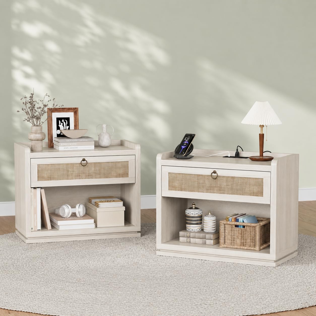 31" Wide Rattan Nightstand with Charging Station, End Side Table