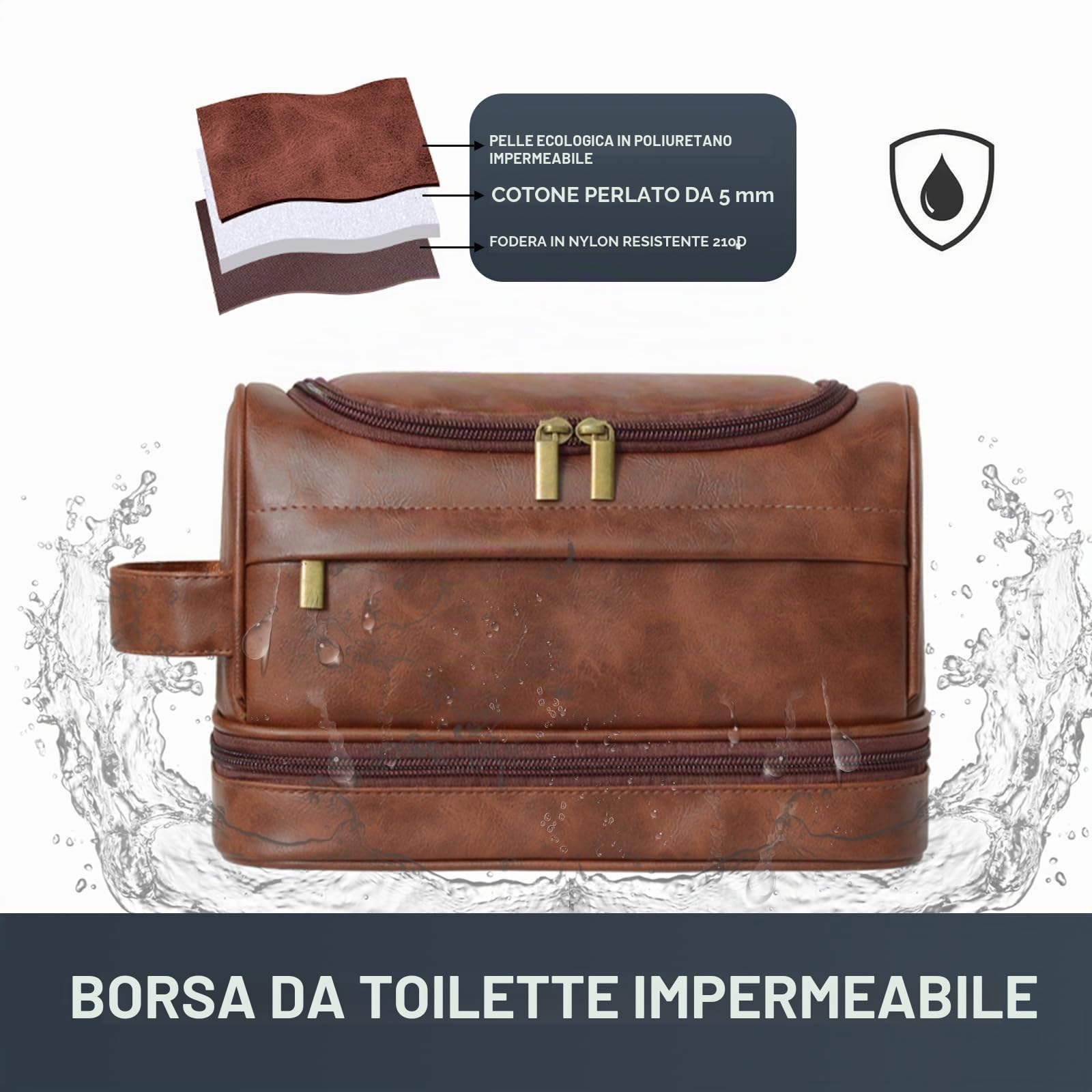 Beauty case da uomo,grande astuccio da viaggio in pelle con gancio per appenderlo