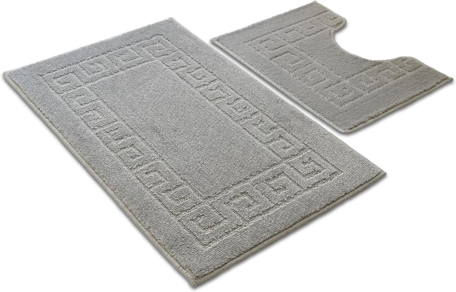 Greek Key Pattern Bath Mats 2 Piece Sets Non Slip Bathroom Mat, Soft Washable Rug Quick Dry Water Absorbent Bathroom Shower Mat & Pedestal Set (Silver)