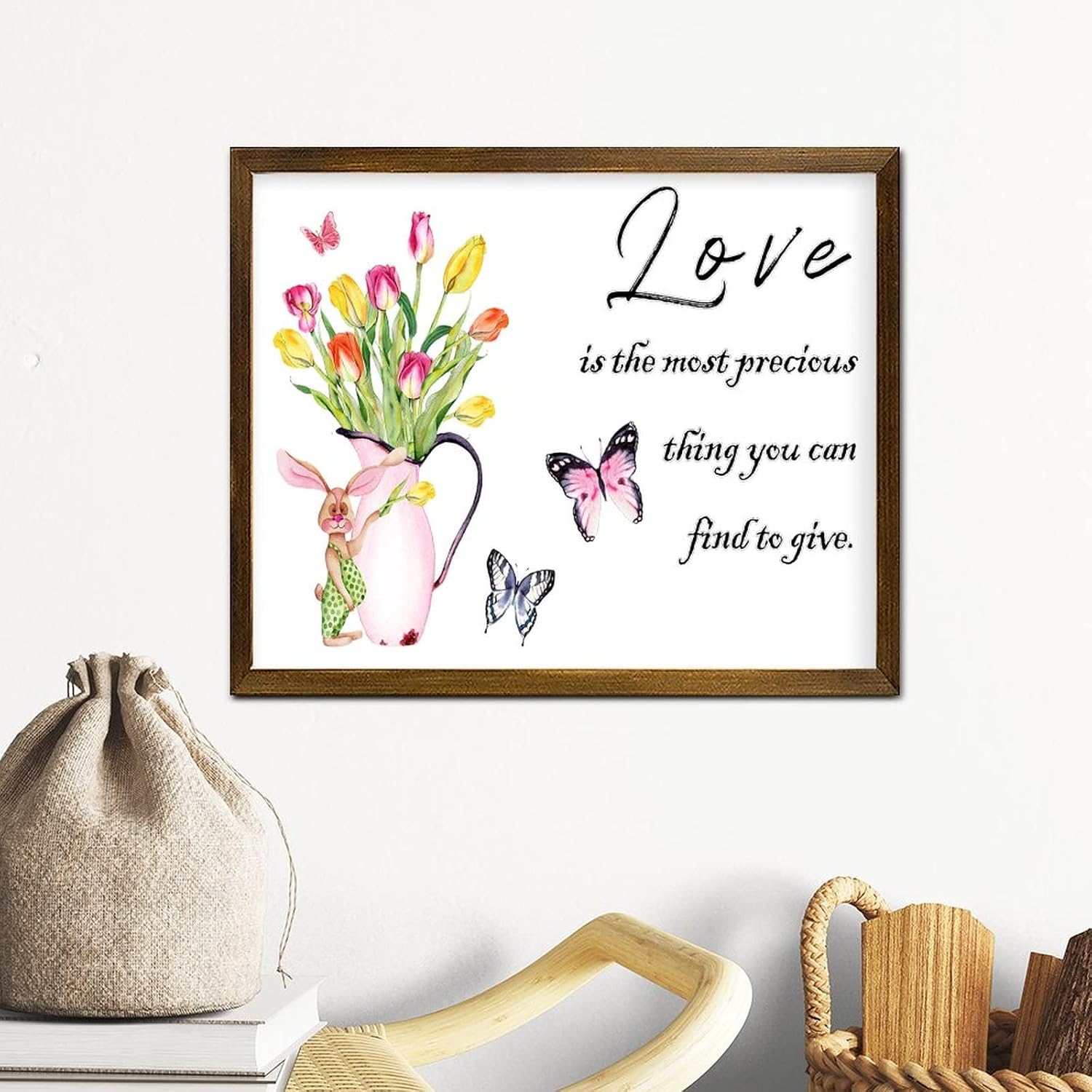 Love is The Most Precious Thing You Can Find to Give Framed Wood Sign Butterfly Tulip Flower Kettle Wood Hanging Plaque Rustic Botanical Artwork Wood Wall Hanging Decoration for Home Table 16x20 Inch