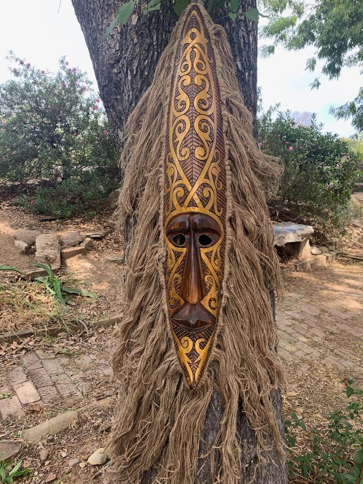 Tribal Maori Primitive Tiki Wood Tropical Wall Mask with Burlap Hair 40”x 7”