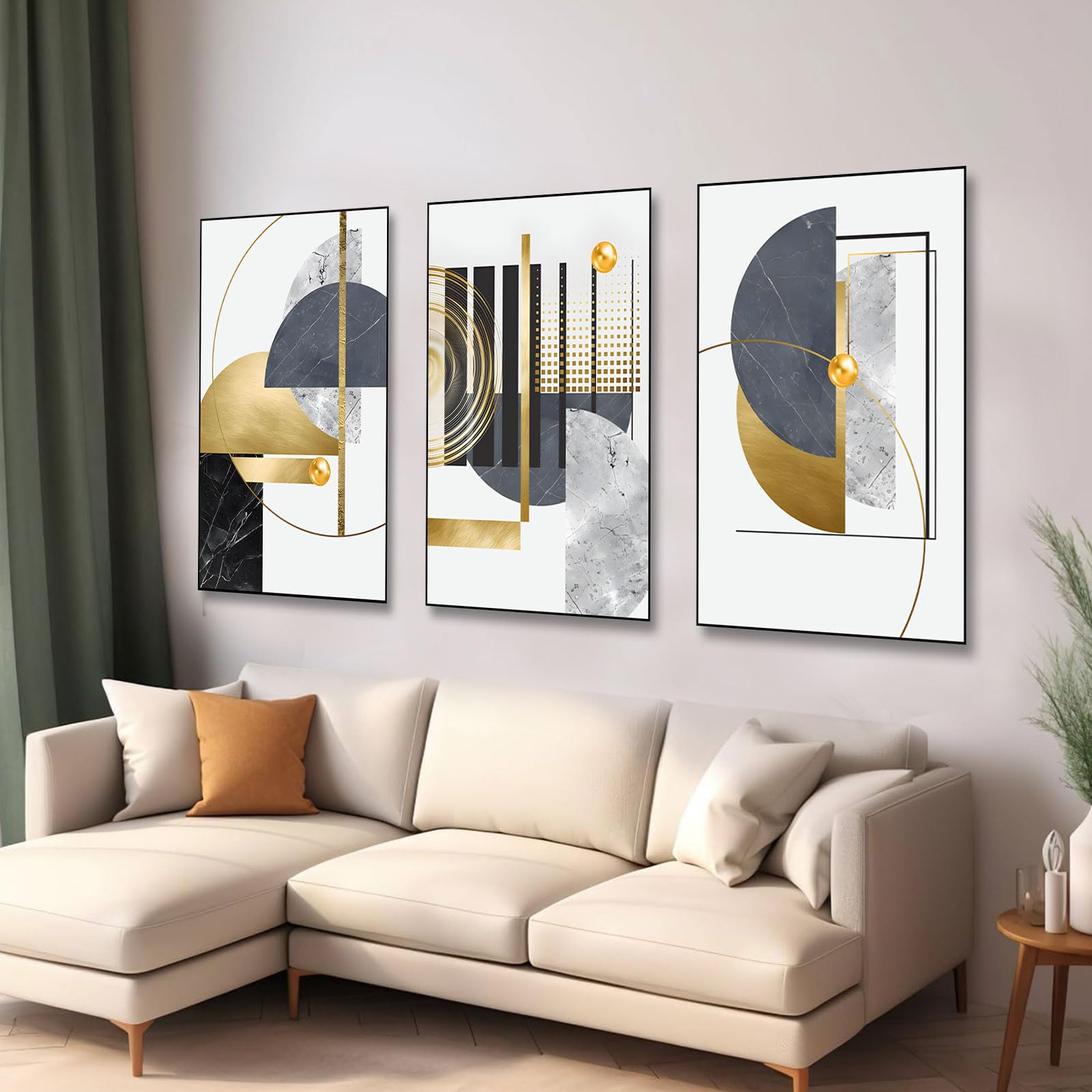 BNREDA Juego de 3 pósteres abstractos de geometría, cuadros en lienzo geométricos dorados, modernos líneas geométricas, pósteres artísticos, decoración de pared, sin marco (B, 50x70cm*3, Sin marco)