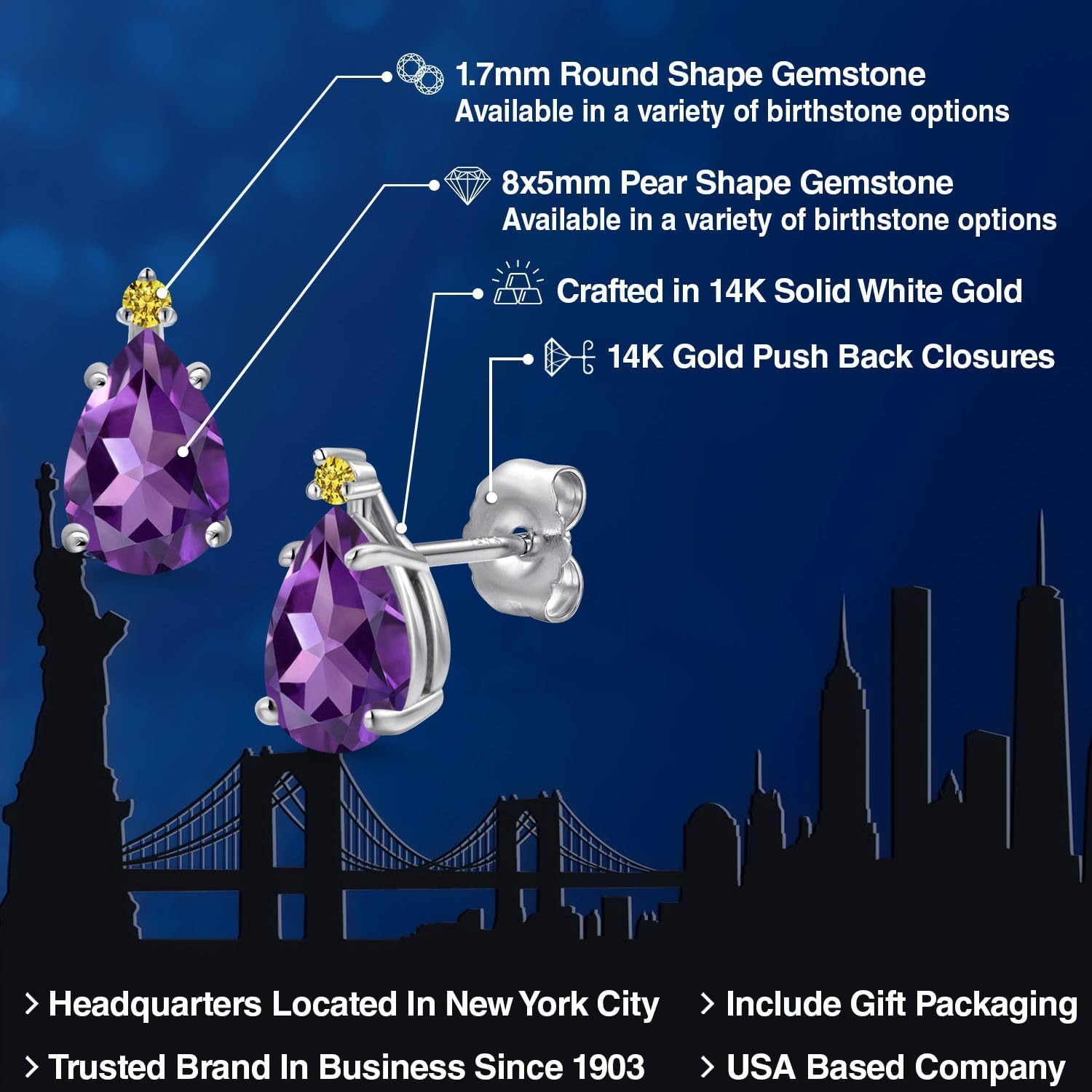 Gem Stone King 14K White Gold Purple Amethyst and Canary Lab Grown Diamond Stud Earrings for Women | 1.60 Cttw | Gemstone February Birthstone | Pear Shape 8X5MM - Image 2