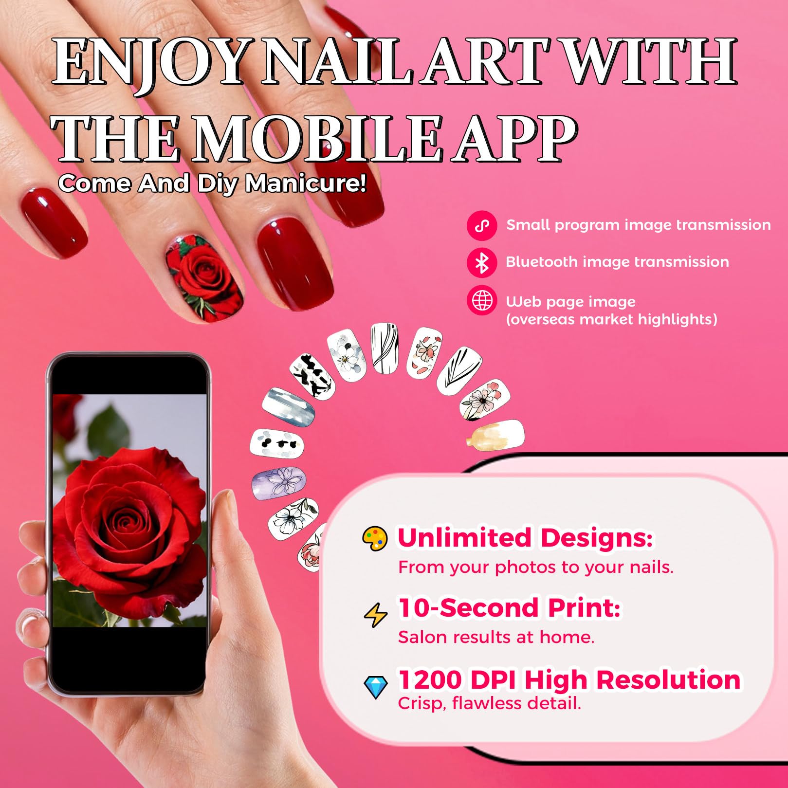 Stampante per Unghie Gel, Stampante per Unghie Portatile, Disegno rapido 10s, Stampante per Unghie con App e Bluetooth, Stampante per Unghie Professionale, per DIY,Studi per Unghie White