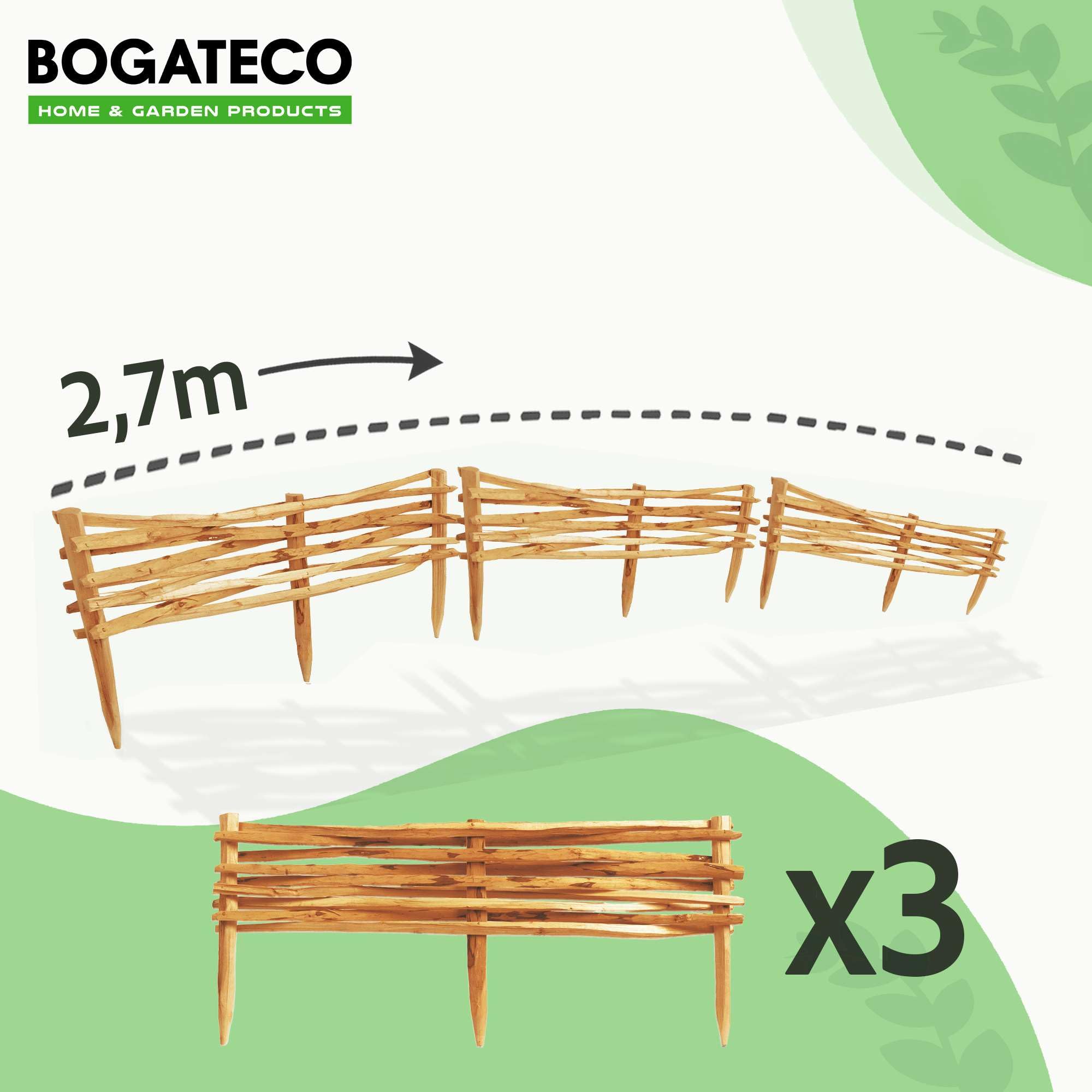BOGATECO 3 vallas de jardín de madera de avellano, 90 cm x 20 cm, borde de césped, valla de madera, valla de estacas, valla de estacas, cercas para arriates, valla de inserción, perfecta como borde de