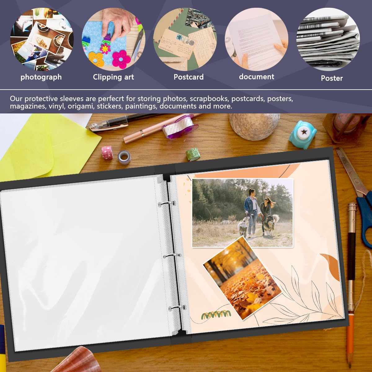 100 Pcs 12x12 Inch Scrapbook Refill Pages, Clear Sheet Protectors Fit 3 Ring Binder & 12 x 12 Photo Album, Heavyweight Plastic Page Protectors,Protective Sleeves