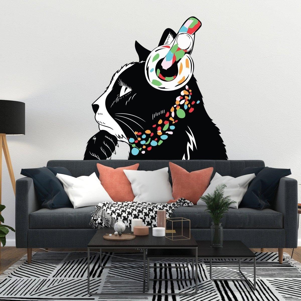 Adesivo da parete per appassionati di musica felina – Adesivo da parete con gatto, 150 x 103 cm, lato destro