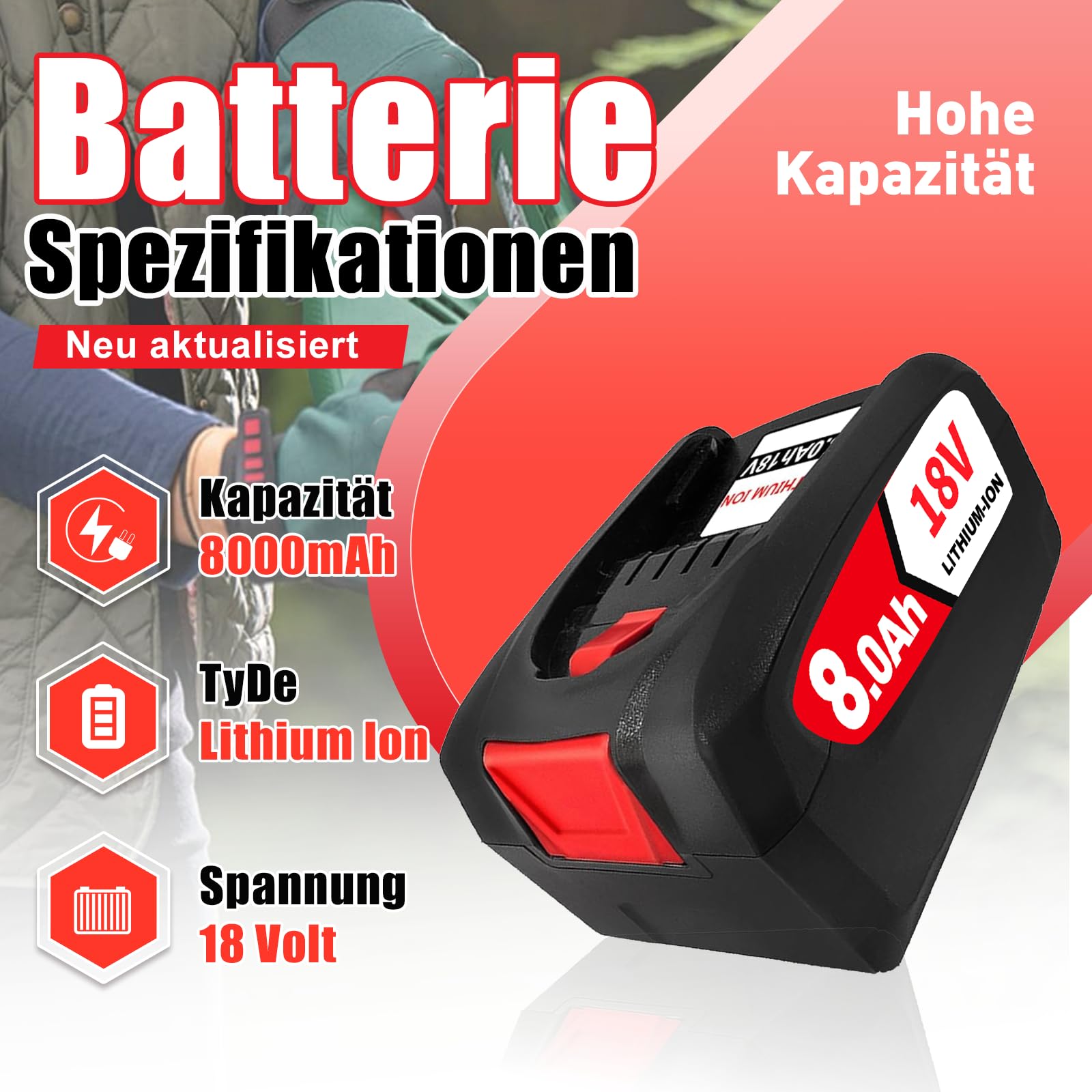 2PCS 18V 8.0Ah Kompatibel mit für Bosch 18V Akku Ersatz für Bosch Akku PBA PSB PSR Li-ion Home and Garden AL1810 CV, AL1815 CV, AL1830 CV, AL1880 CV