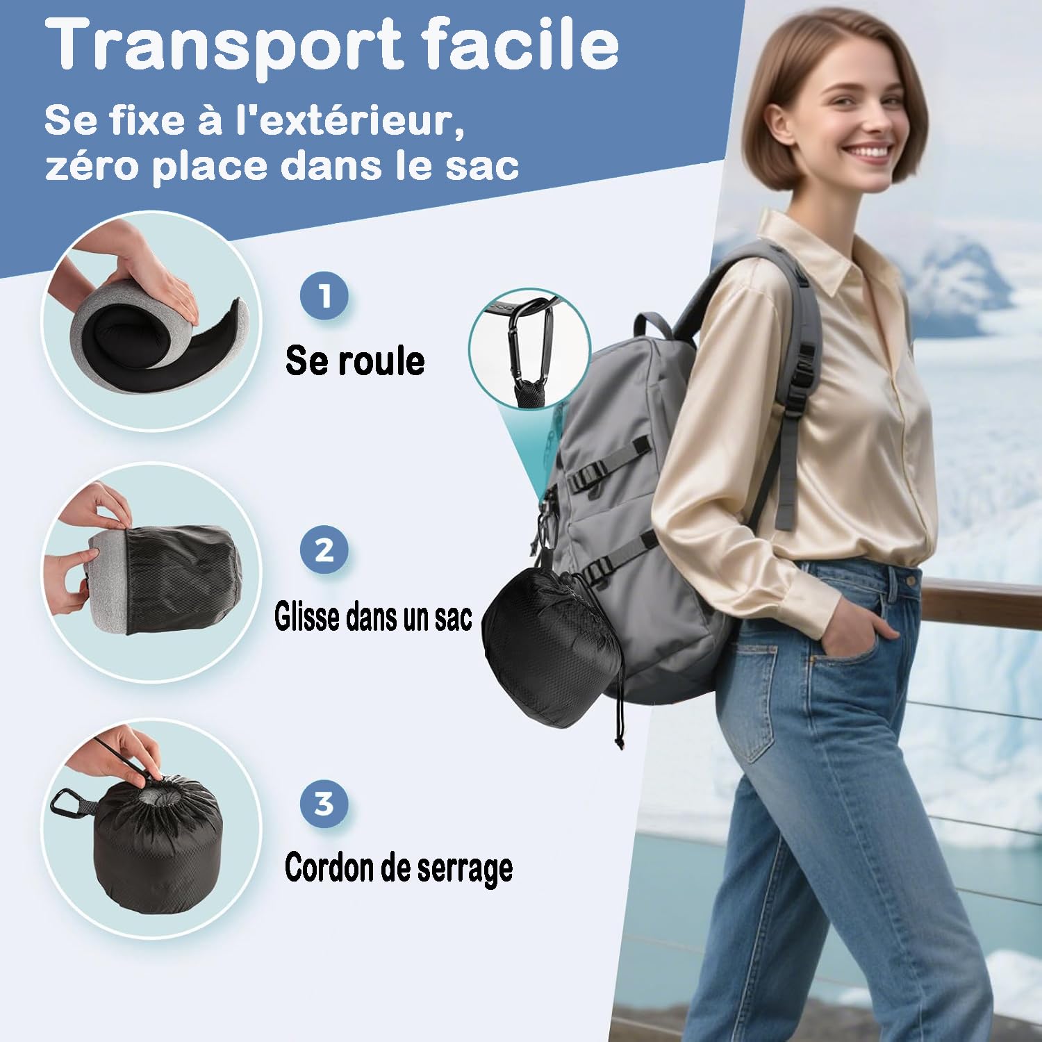 Oreiller de Voyage, Coussin de Nuque pour Avion avec Capuche, Support en Mousse à mémoire de Forme à 360 °, Housse Lavable pour Voiture, Train et Bureau (Gris)