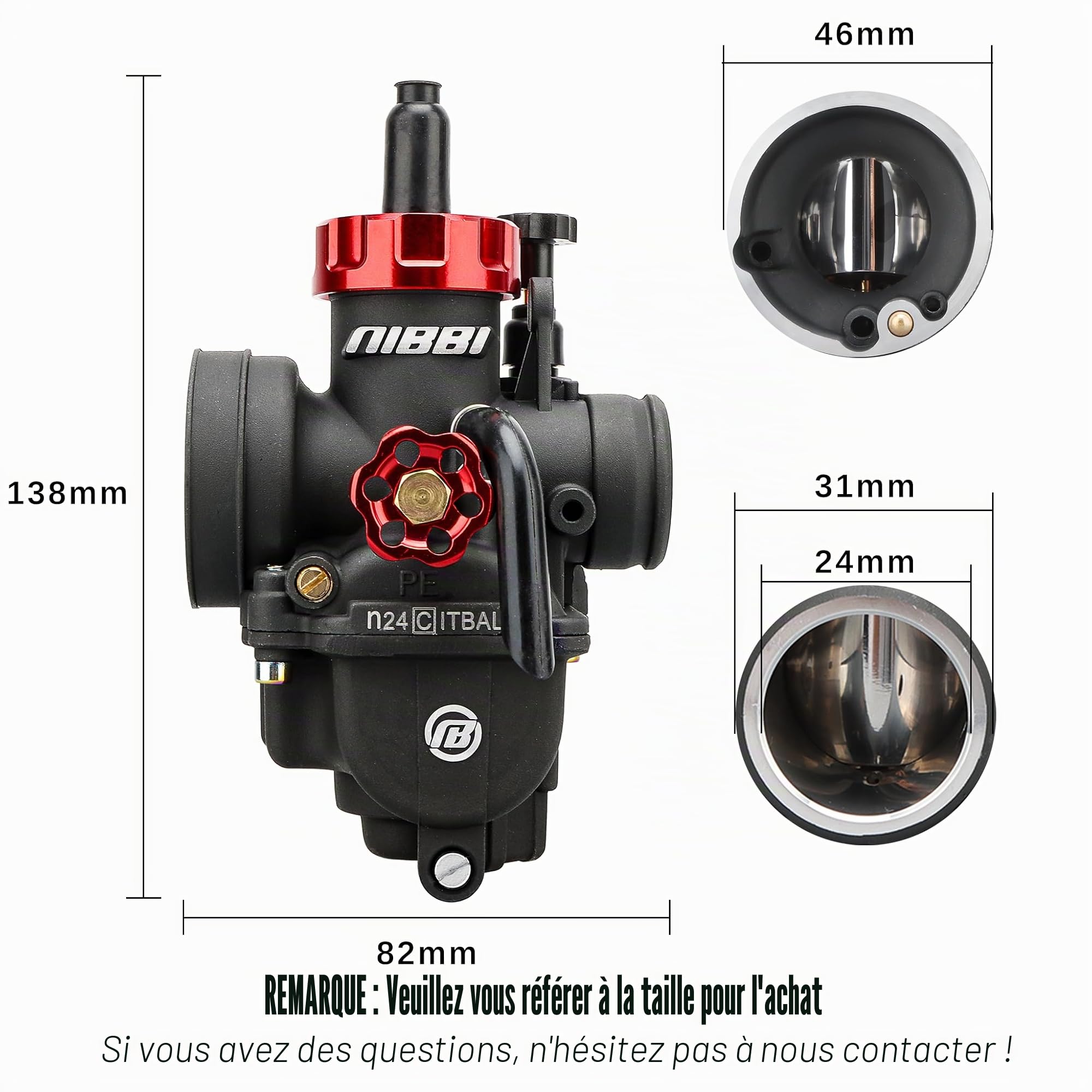 NIBBI Carburateur PE24mm 125-150cc Anodisé Pour Moteurs 4 Temps avec Jets pour Réglage Précis Remplacement Direct pour Moto Cross, Custom, Pit Bike