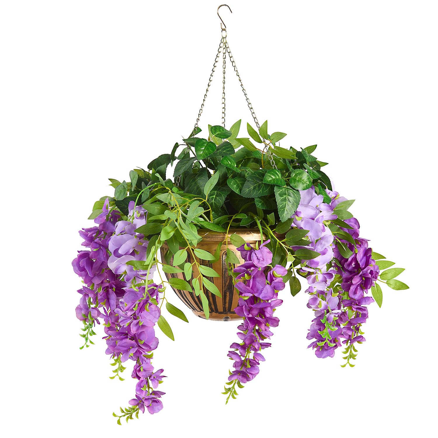 Coopers Of Stortford Purple - Artificial Wisteria Hanging Basket Planter With Ivy - Faux Flower Display With Bronze Look Pot And Chain - 75 X 50 X 50Cm