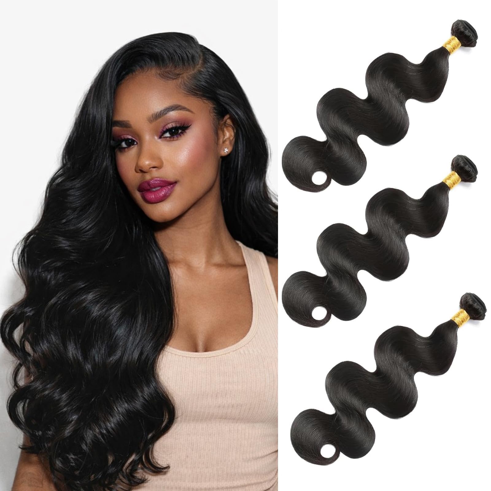 Photo 1 of Body Wave Bundles Human Hair 3 Bundles 10A Brazilian Virgin Hair Extensions Long Bundles Bouncy Soft No Shedding (26 28 30 Inch)