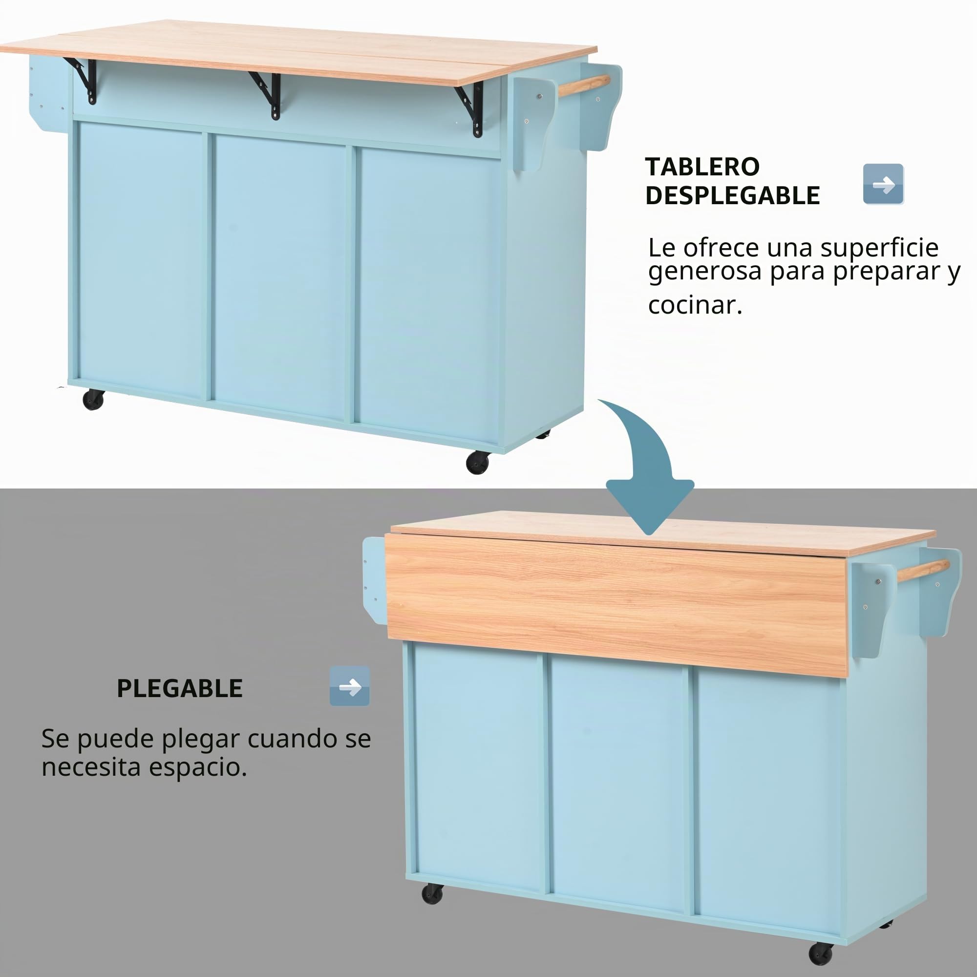 Carro de cocina con ruedas, gran carrito de comedor/aparador, en vetas de madera maciza, armario de cocina con encimera plegable, puerta de almacenamiento, patas de madera maciza intercambiables,