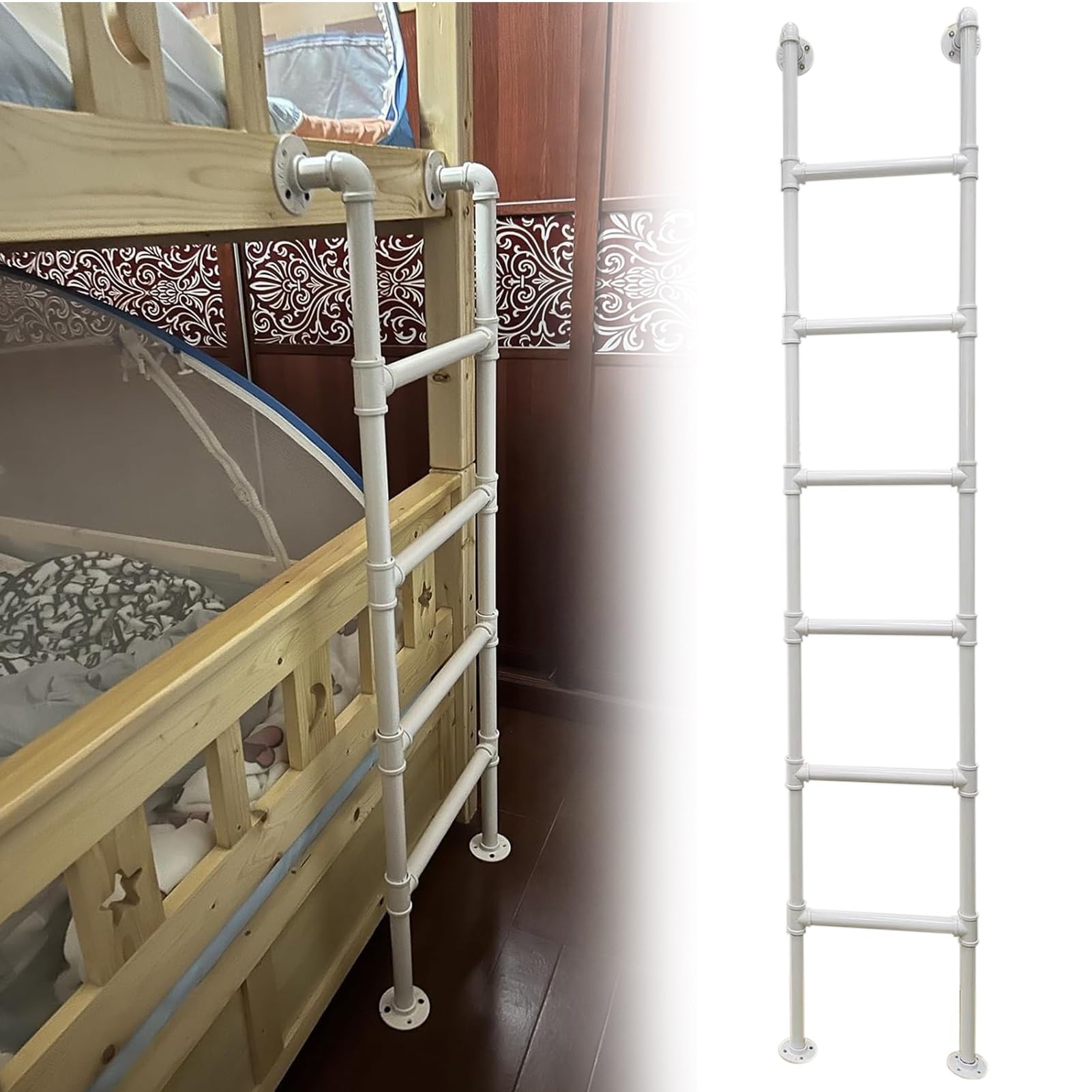 WallMounted Loft Ladder4ft to 8ft Attic Egress Ladder White Wrought Iron SpaceSaving Climb Ladder for Window Well Emergency Escape 67in (170cm)