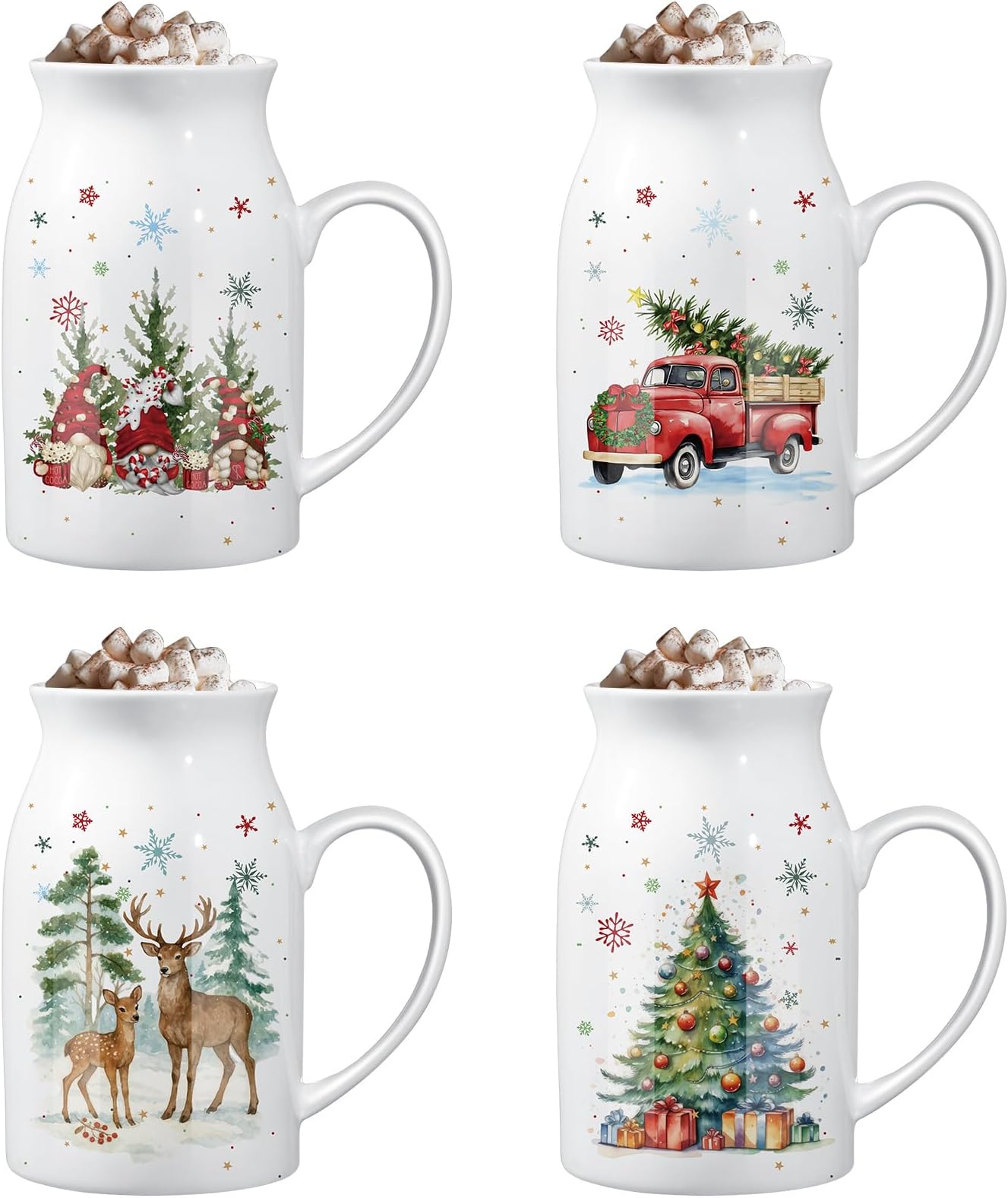 13.5 oz Ceramic Christmas Mugs Set of 4 with Gift Box Xmas Coffee Mugs with Festive Pattern Design Reindeer Xmas Tree Snowman Truck Christmas Gifts for Women Men(Watercolor)